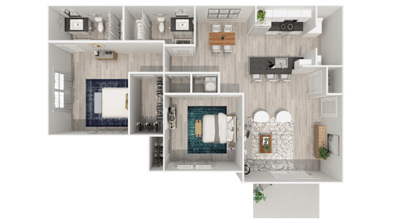 A top-down view of a modern apartment layout with a kitchen, living room, and bathroom.