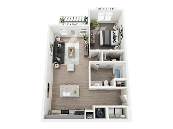 Osage 1-bedroom, 1-bathroom apartment at Nook Nine in Indianapolis, IN, boasting a spacious living area, gourmet kitchen with a large island, private balcony, and a walk-in closet, offering upscale comfort near Keystone at the Crossing.