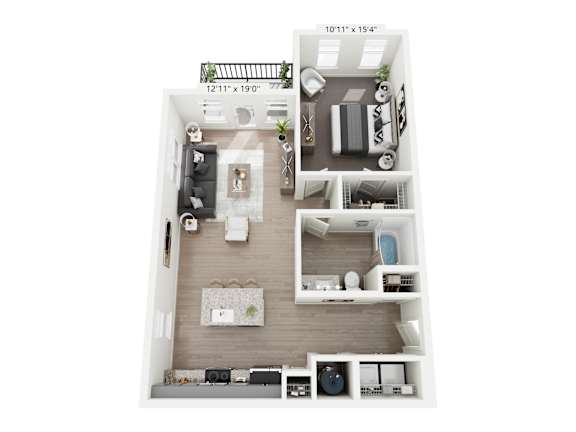 Osage 1-bedroom, 1-bathroom apartment at Nook Nine in Indianapolis, IN, boasting a spacious living area, gourmet kitchen with a large island, private balcony, and a walk-in closet, offering upscale comfort near Keystone at the Crossing.