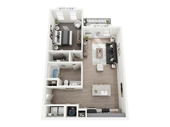 Osage 1-bedroom, 1-bathroom apartment at Nook Nine in Indianapolis, IN, boasting a spacious living area, gourmet kitchen with a large island, private balcony, and a walk-in closet, offering upscale comfort near Keystone at the Crossing.