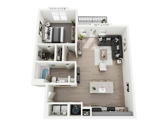 Serape 1-bedroom, 1-bathroom apartment at Nook Nine in Indianapolis, IN, featuring a bright, open-concept living space, chef-inspired kitchen with stainless steel appliances, private balcony, and a large walk-in closet, providing modern elegance near Keystone at the Crossing.