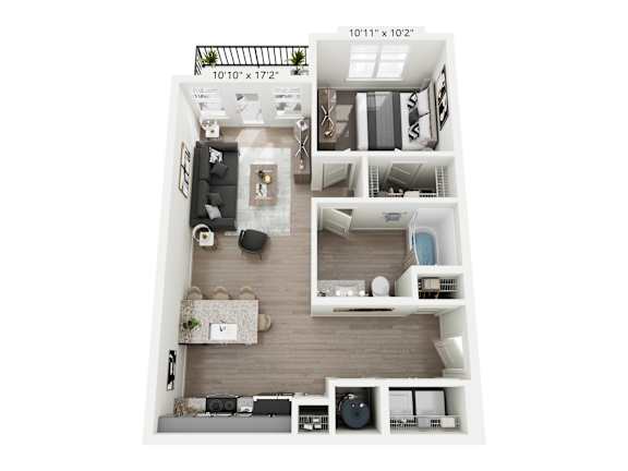 Emberglow 1-bedroom, 1-bathroom apartment at Nook Nine in Indianapolis, IN, offering an efficient layout with contemporary finishes, a sleek kitchen with quartz countertops, private balcony, and a spacious closet, designed for sophisticated urban living near Keystone at the Crossing.