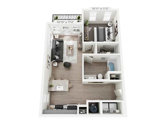 Emberglow 1-bedroom, 1-bathroom apartment at Nook Nine in Indianapolis, IN, offering an efficient layout with contemporary finishes, a sleek kitchen with quartz countertops, private balcony, and a spacious closet, designed for sophisticated urban living near Keystone at the Crossing.