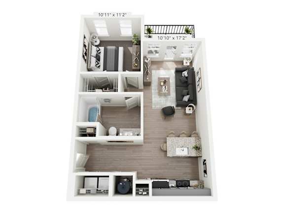 Emberglow 1-bedroom, 1-bathroom apartment at Nook Nine in Indianapolis, IN, offering an efficient layout with contemporary finishes, a sleek kitchen with quartz countertops, private balcony, and a spacious closet, designed for sophisticated urban living near Keystone at the Crossing.