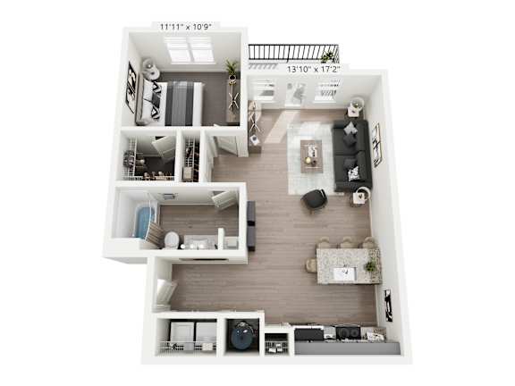 Moonraker 1-bedroom, 1-bathroom apartment at Nook Nine in Indianapolis, IN 46240, featuring an expansive open living area, gourmet kitchen with a breakfast bar, private balcony, and a generous walk-in closet, blending comfort and style near Keystone at the Crossing.