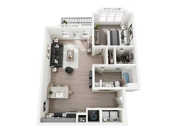 Moonraker 1-bedroom, 1-bathroom apartment at Nook Nine in Indianapolis, IN 46240, featuring an expansive open living area, gourmet kitchen with a breakfast bar, private balcony, and a generous walk-in closet, blending comfort and style near Keystone at the Crossing.