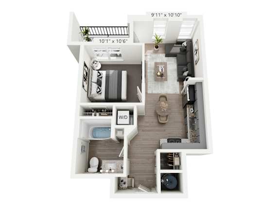 Lacewing 1-bedroom, 1-bathroom apartment at Nook Nine in Indianapolis, IN, offering a compact yet stylish design, featuring a modern kitchen with tile backsplash, private balcony, walk-in closet, and in-unit washer/dryer, ideal for cozy city living near Keystone at the Crossing.