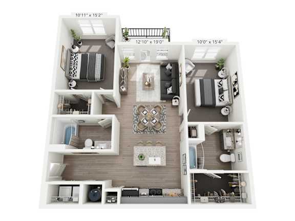 Burlap 2-bedroom, 2-bathroom apartment at Nook Nine in Indianapolis, IN, featuring a spacious living area with wood-style flooring, a chef-inspired kitchen with a central island, private balcony, walk-in closets, and dual ensuite bathrooms, perfect for upscale living near Keystone at the Crossing.