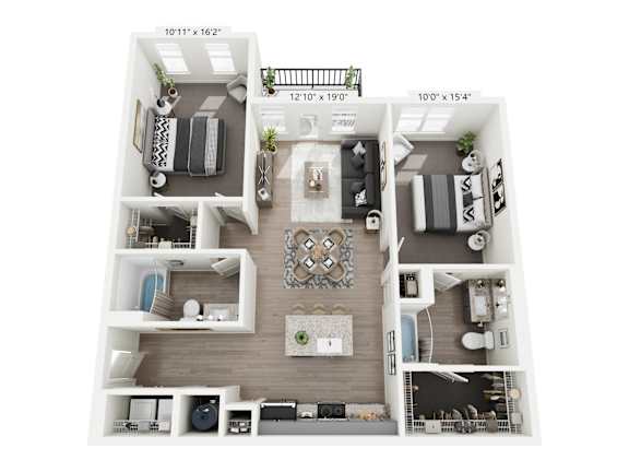 Burlap 2-bedroom, 2-bathroom apartment at Nook Nine in Indianapolis, IN, featuring a spacious living area with wood-style flooring, a chef-inspired kitchen with a central island, private balcony, walk-in closets, and dual ensuite bathrooms, perfect for upscale living near Keystone at the Crossing.