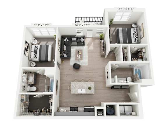 Veranda 2-bedroom, 2-bathroom apartment at Nook Nine in Indianapolis, IN, offering an elegant open layout, a designer kitchen with quartz countertops, private balcony, large walk-in closets, and luxury dual ensuite bathrooms, set in a vibrant community near Keystone at the Crossing.