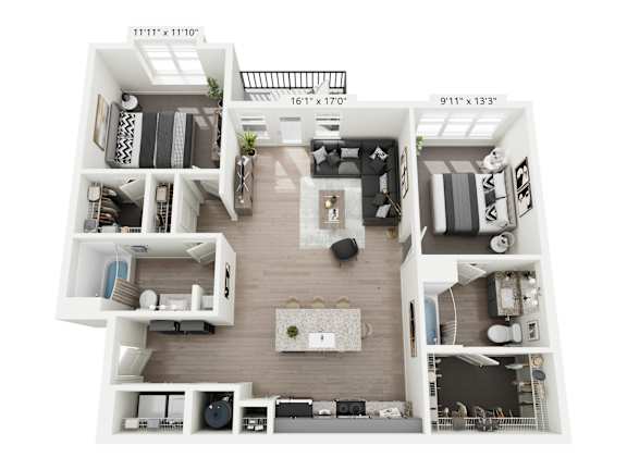Veranda 2-bedroom, 2-bathroom apartment at Nook Nine in Indianapolis, IN, offering an elegant open layout, a designer kitchen with quartz countertops, private balcony, large walk-in closets, and luxury dual ensuite bathrooms, set in a vibrant community near Keystone at the Crossing.