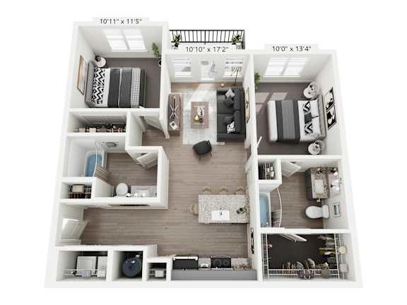 Calypso 2-bedroom, 2-bathroom apartment at Nook Nine in Indianapolis, IN 46240, designed with a modern open-concept floor plan, stylish kitchen with stainless steel appliances, private balcony, spacious walk-in closets, and dual ensuite bathrooms, offering premier comfort near Keystone at the Crossing.