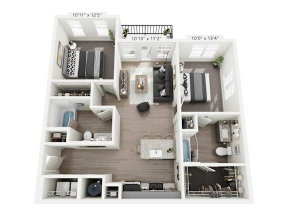 Calypso 2-bedroom, 2-bathroom apartment at Nook Nine in Indianapolis, IN 46240, designed with a modern open-concept floor plan, stylish kitchen with stainless steel appliances, private balcony, spacious walk-in closets, and dual ensuite bathrooms, offering premier comfort near Keystone at the Crossing.