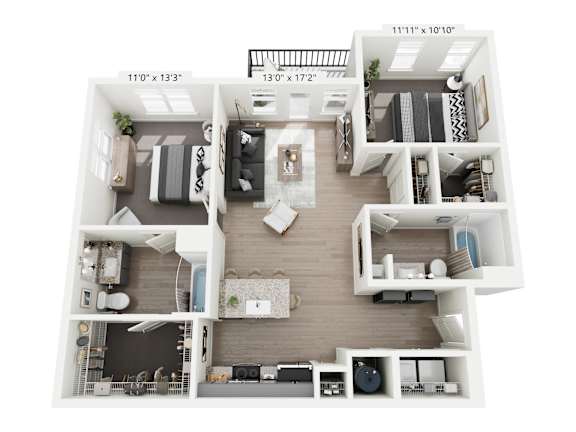 Moss 2-bedroom, 2-bathroom apartment at Nook Nine in Indianapolis, IN, featuring a bright, airy living space, a sleek gourmet kitchen with custom cabinetry, private balcony, large walk-in closets, and spa-like ensuite bathrooms, offering luxurious city living near Keystone at the Crossing.