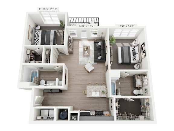 Moss 2-bedroom, 2-bathroom apartment at Nook Nine in Indianapolis, IN, featuring a bright, airy living space, a sleek gourmet kitchen with custom cabinetry, private balcony, large walk-in closets, and spa-like ensuite bathrooms, offering luxurious city living near Keystone at the Crossing.