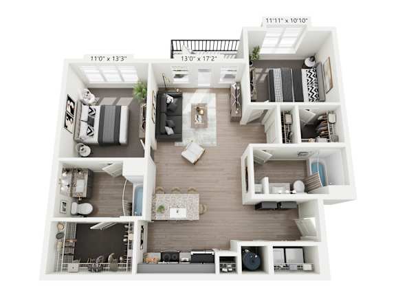Moss 2-bedroom, 2-bathroom apartment at Nook Nine in Indianapolis, IN, featuring a bright, airy living space, a sleek gourmet kitchen with custom cabinetry, private balcony, large walk-in closets, and spa-like ensuite bathrooms, offering luxurious city living near Keystone at the Crossing.