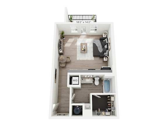 Inverness studio apartment at Nook Nine in Indianapolis, IN 46240, featuring a bright, open floor plan, modern kitchen with stainless steel appliances, private balcony, walk-in closet, and in-unit washer/dryer, offering stylish city living near Keystone at the Crossing.