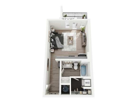 Tassel studio apartment at Nook Nine in Indianapolis, IN, offering a compact yet functional layout, featuring a modern kitchen with granite countertops, private balcony, ample storage, and in-unit washer/dryer, perfect for city dwellers near Keystone at the Crossing.