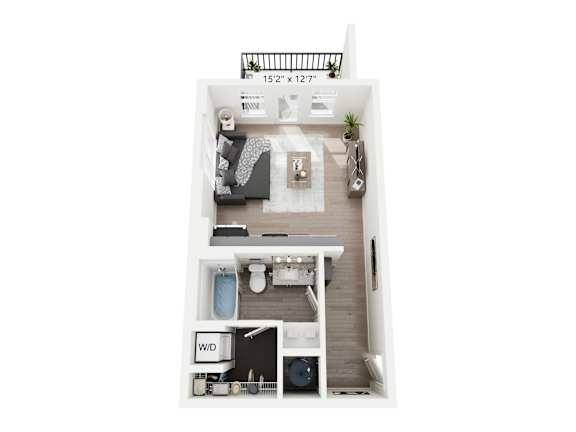 Tassel studio apartment at Nook Nine in Indianapolis, IN, offering a compact yet functional layout, featuring a modern kitchen with granite countertops, private balcony, ample storage, and in-unit washer/dryer, perfect for city dwellers near Keystone at the Crossing.