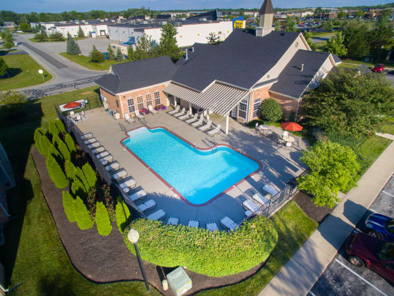Aerial View Of Pool And Surroundings at Steeplechase at Shiloh Crossing, Avon, IN, 46123