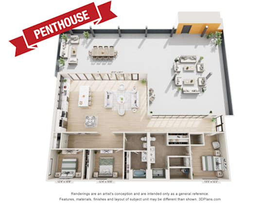 A penthouse apartment layout with a living room, dining room, kitchen, and two bedrooms.
