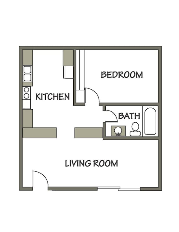 1 bedroom, 1 bath apartment floor plan at Carriage Place Apartments in Huntington, IN.
