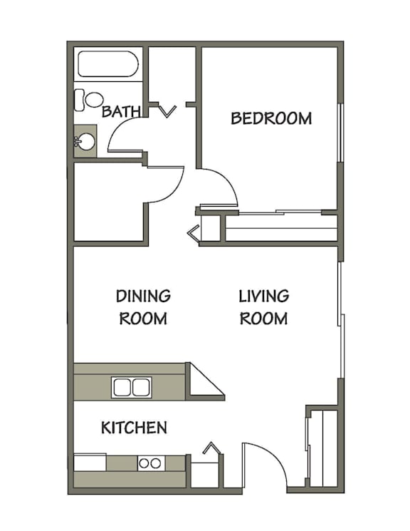 689 sq. ft. 1 bedroom, 1 bath apartment layout at Carriage Place Apartments in Huntington, Indiana.