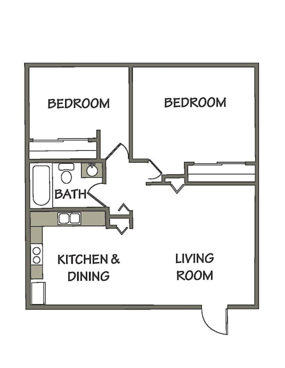 700 sq. ft. 2 bedroom, 1 bath apartment floor plan at Carriage Place Apartments in Huntington, IN.