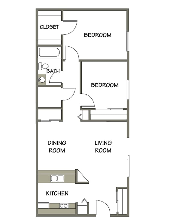 864 sq. ft. 2 bedroom, 1 bath apartment floor plan at Carriage Place Apartments in Huntington, IN.