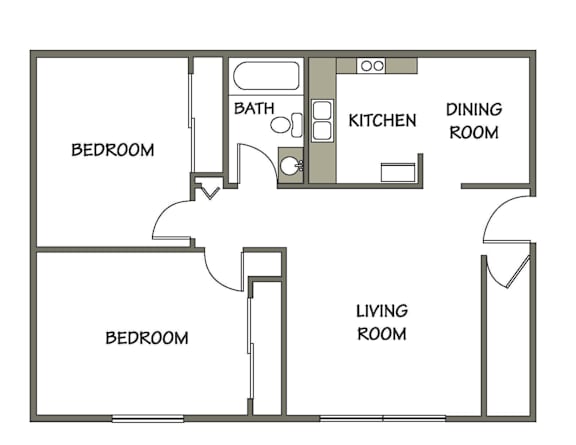 900 sq. ft. 2 bedroom, 1 bath apartment layout at Carriage Place Apartments in Huntington, Indiana.