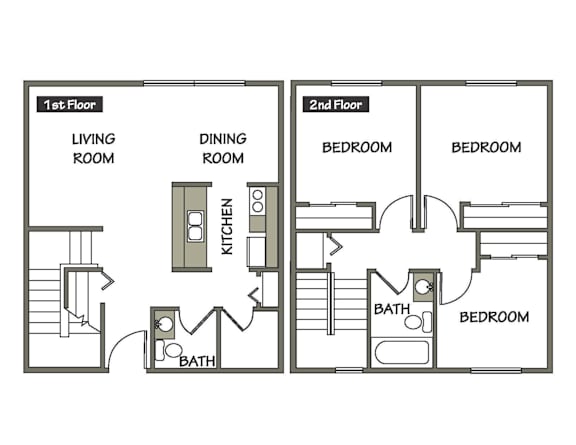1130 sq. ft. two-level 3 bedroom, 2 bath apartment floor plan at Carriage Place Apartments in Huntington, IN.