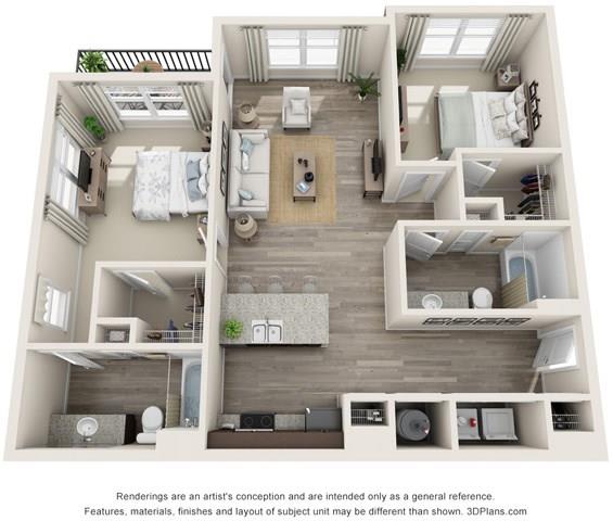 2 bedroom 2 bathroom Galena Floorplan Image at Whetstone Flats, Nashville, TN, 1129 Sq. Ft.