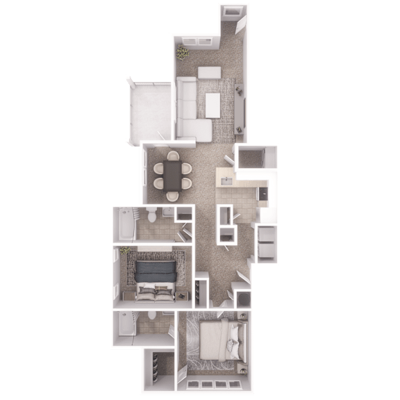 2-bedroom, 2-bathroom apartment layout at Village at Almand Creek, featuring open-concept living – 1,105 sq. ft.