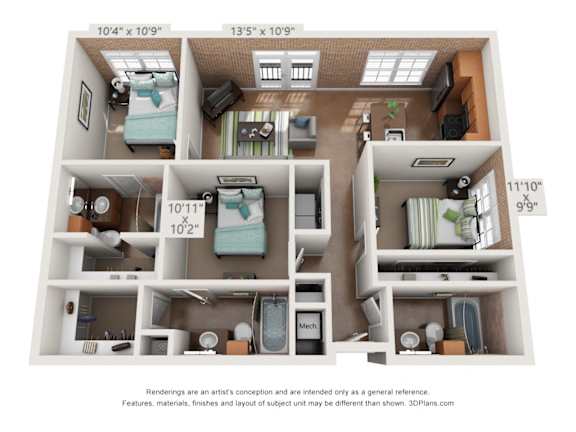 3 Bed C1 Floor Plan at The Foundry, Indiana, 46617