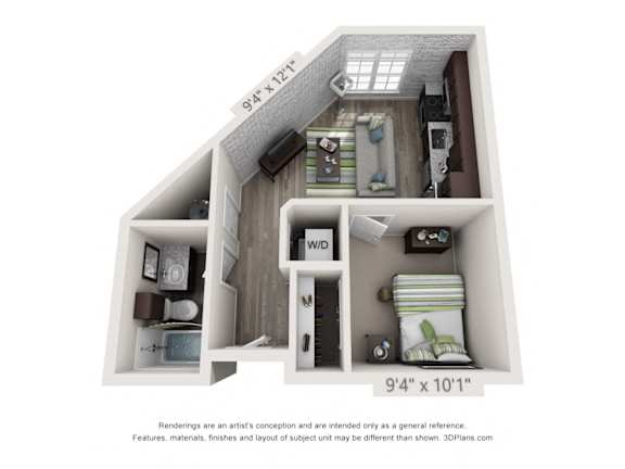 1 Bed Weatherbee Floor Plan at The Foundry, South Bend, IN 46617