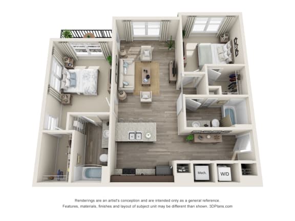 2 bedroom 2 bathroom Obsidian Floorplan Image at Whetstone Flats, Nashville, 1125 Sq. Ft.