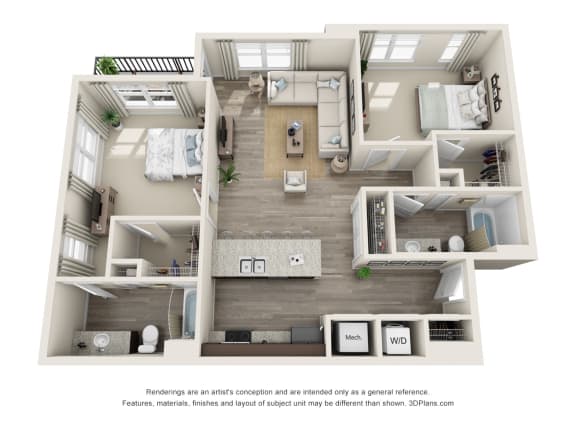 2 bedroom 2 bathroom Travertine Floorplan Image at Whetstone Flats, Tennessee, 37211, 1235 Sq. Ft.