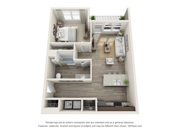 a stylized floor plan of a 1 bedroom192 sq ft