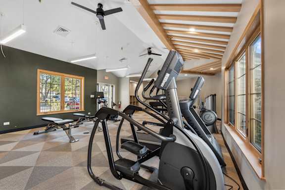 the gym has plenty of exercise equipment and windows at The Winds at Poplar Creek Apartments , Schaumburg, Illinois