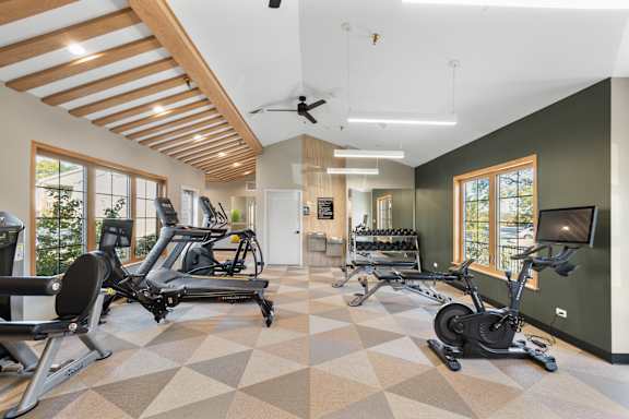 a gym with treadmills and other exercise equipment and windows at The Winds at Poplar Creek Apartments , Schaumburg, 60194