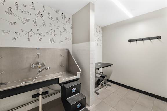 a utility room with a sink and a wall covered in drawings at The Winds at Poplar Creek Apartments , Schaumburg, Illinois
