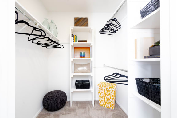 a walk in closet with white walls and shelves and a staircase with black and white