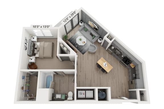 1 bedroom 1 bathroom Floor plan H at WOODBURN EXCHANGE, Cincinnati