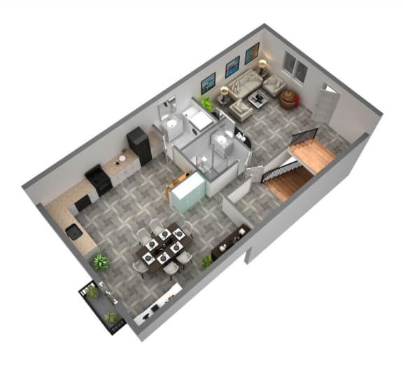 3d floor plan of a home with a bedroom and a living room