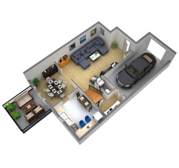 the isometric floor plan of a house with a garage and a car