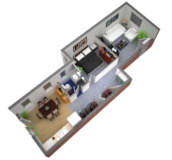 a floor plan with a kitchen, bedroom and living room
