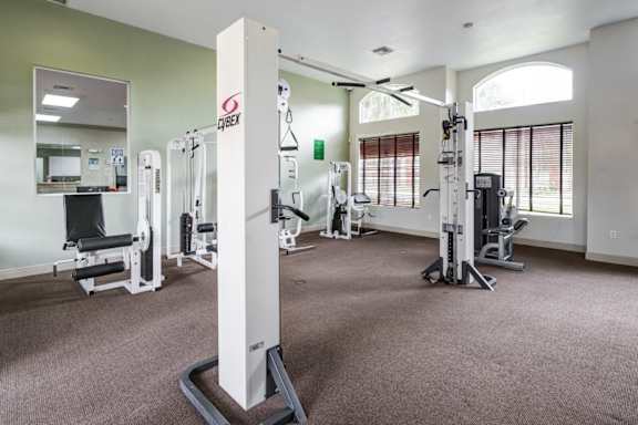 A gym with a variety of equipment including a squat rack.
