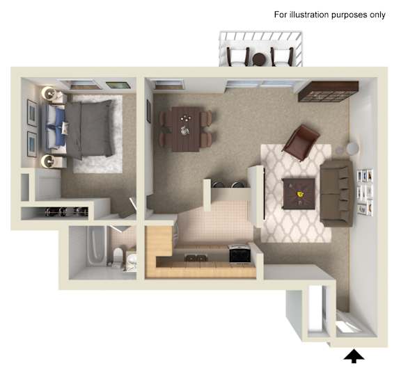 A 3D floor plan of a small apartment with a bedroom, living room, and kitchen.