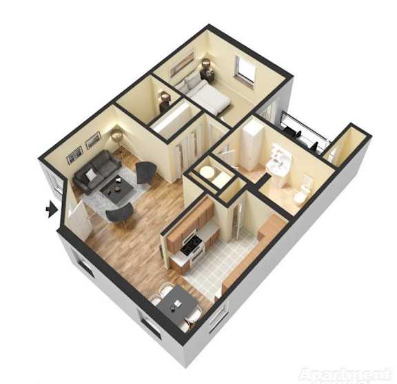 Apartment floor plan with a living room, kitchen, and two bedrooms.