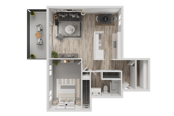 A 3D floor plan of a house with a kitchen, living room, and bathroom  at Whisperwood, WA 98168